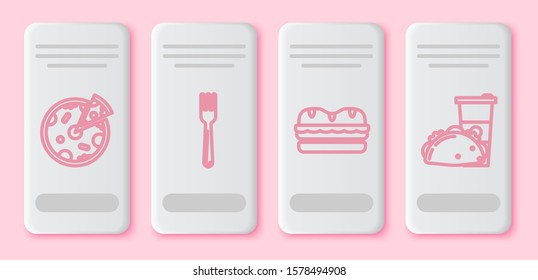 Set line Pizza, Fork, Sandwich and Paper glass and taco with tortilla. White rectangle button. Vector