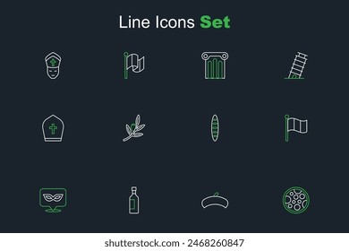 Set line Pizza, French beret, Bottle of wine, Carnival mask, Flag Italy, baguette bread, Olives branch and Pope hat icon. Vector