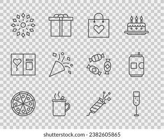 Set line Pizza, Glass of champagne, Shopping bag with heart, Mulled wine, Firework, Festive confetti, rocket and Beer can icon. Vector