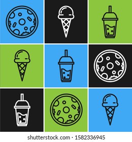 Set line Pizza, Glass of lemonade with drinking straw and Ice cream in waffle cone icon. Vector