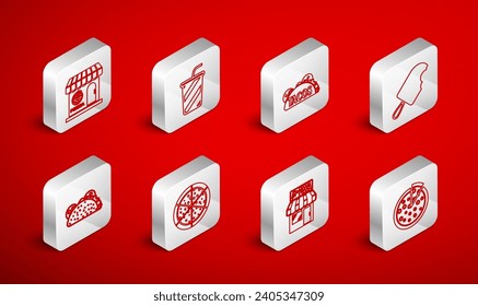 Set line Pizza, Glass with water, Taco tortilla, Ice cream, Pizzeria building facade,  and  icon. Vector