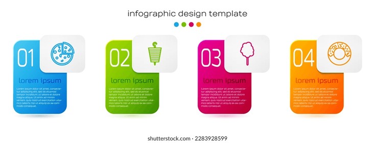 Set line Pizza, Grilled shish kebab, Cotton candy and Donut. Business infographic template. Vector