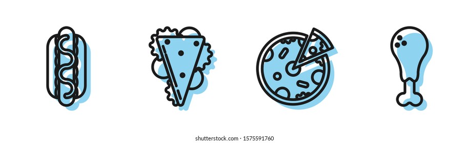 Set line Pizza, Hotdog sandwich with mustard, Sandwich and Chicken leg icon. Vector