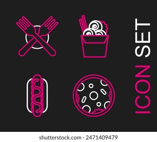 Set line Pizza, Hotdog sandwich with mustard, Asian noodles in paper box chopsticks and Crossed fork icon. Vector