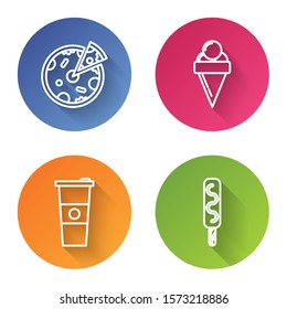 Set line Pizza, Ice cream in waffle cone, Paper glass and water and Ice cream. Color circle button. Vector