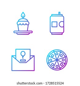 Set line Pizza, Invitation, Cake with burning candles and Beer can. Gradient color icons. Vector