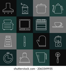 Set line Pizza knife, Blender, Coffee cup, Cooking pot, Electronic scales, Toaster with toasts, Kitchen extractor fan and Oven icon. Vector
