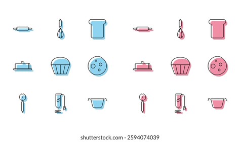 Set line Pizza knife, Blender, Rolling pin, Cooking pot, Muffin, Cookie or biscuit with chocolate, Strawberry cheesecake slice and Kitchen whisk icon. Vector