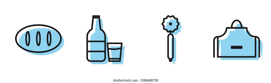 Set line Pizza knife , Bread loaf , Glass bottle with milk and glass  and Kitchen apron  icon. Vector
