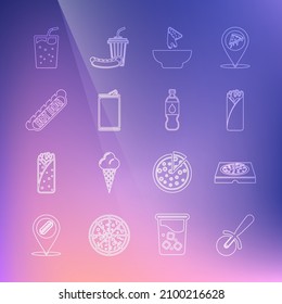 Set line Pizza knife, in cardboard box, Burrito, Nachos plate, Aluminum can, Hotdog sandwich, Glass with water and Bottle of icon. Vector