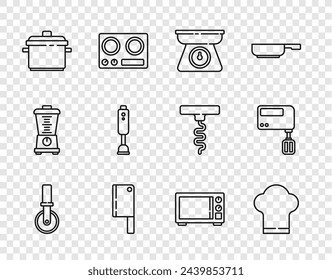 Set line Pizza knife, Chef hat, Scales, Meat chopper, Cooking pot, Blender, Microwave oven and Electric mixer icon. Vector