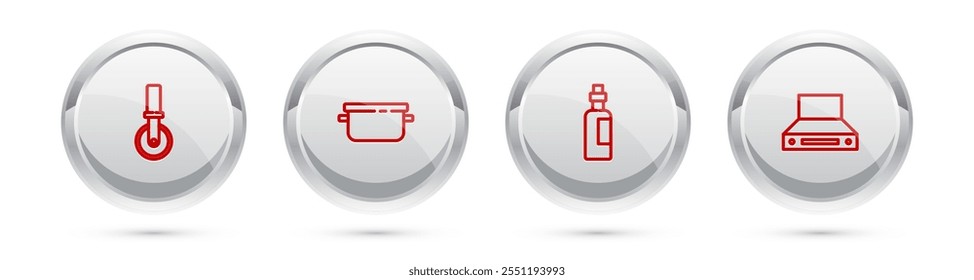 Set line Pizza knife, Cooking pot, Bottle of olive oil and Kitchen extractor fan. Silver circle button. Vector