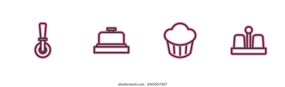 Set line Pizza knife, Cupcake, Hotel service bell and Salt and pepper icon. Vector