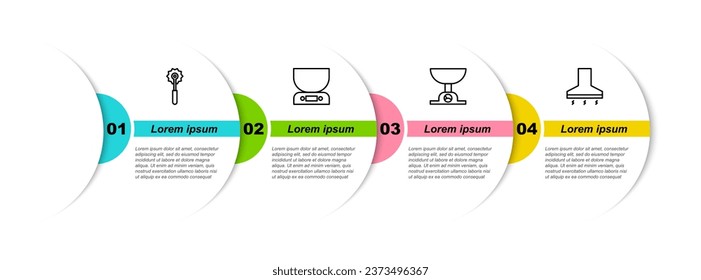 Fijar la línea Pizza cuchillo, báscula electrónica y ventilador extractor de cocina. Plantilla de infografía empresarial. Vector