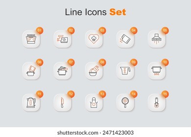 Set line Pizza knife, Fried eggs on frying pan, Kitchen apron, Knife, Electric kettle, Cooking pot fire, Measuring cup and and bowl icon. Vector