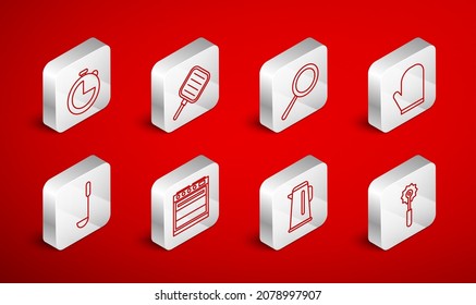 Set line Pizza knife, Frying pan, Oven glove, Kettle with handle, Kitchen timer,  and ladle icon. Vector