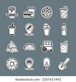 Set line Pizza knife, Glass with water, Bottle of, Location hotdog, Burrito and Ice cream icon. Vector