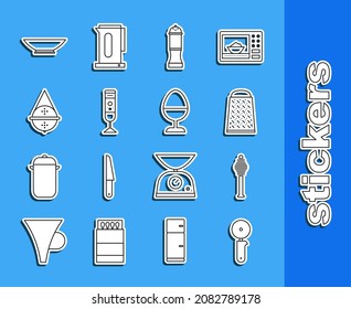 Set line Pizza knife, Honey dipper stick, Grater, Pepper, Blender, Ball tea strainer, Bowl and Chicken egg stand icon. Vector
