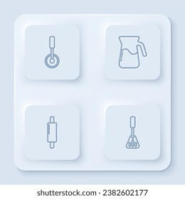 Set line Pizza knife, Jug glass with water, Rolling pin and Spatula. White square button. Vector