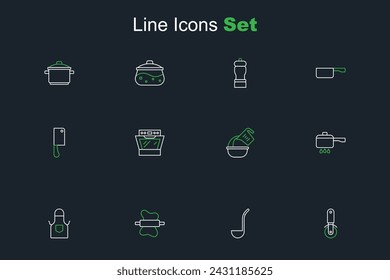Set line Pizza knife, Kitchen ladle, Rolling pin on dough, apron, Cooking pot fire, Measuring cup and bowl, Oven and Meat chopper icon. Vector