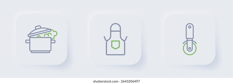Set line Pizza knife, Kitchen apron and Cooking pot icon. Vector