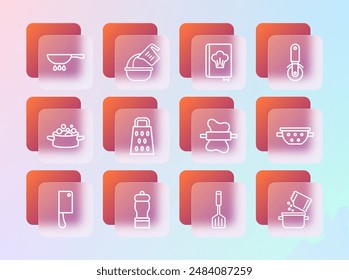 Cuchillo de pizza, pimienta, rodillo en la masa, espátula, rallador, libro de cocina, fuego de la sartén y taza de medición e icono de tazón. Vector