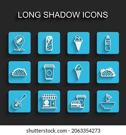 Set line Pizza knife, Pizzeria building facade, Location with hotdog, Coffee and burger, Nachos plate, cup, Taco tortilla and Ice cream waffle cone icon. Vector