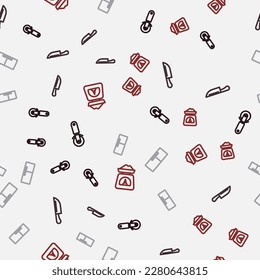 Set line Pizza knife, Knife, Refrigerator and Scales on seamless pattern. Vector