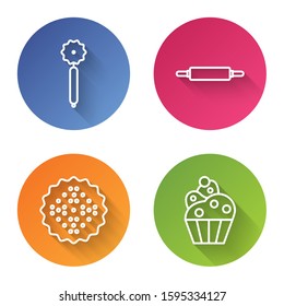 Set line Pizza knife , Rolling pin , Cracker biscuit  and Cupcake . Color circle button. Vector