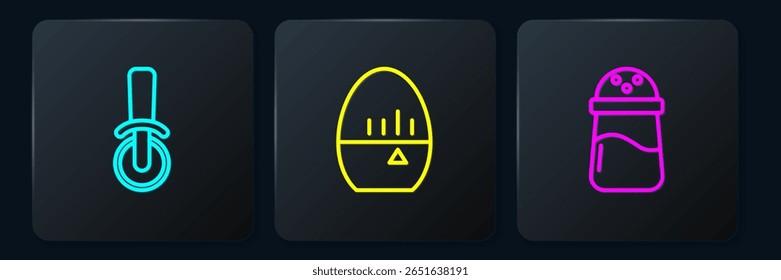 Set line Pizza knife, Salt and Kitchen timer. Black square button. Vector