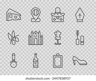 Set line Pizza knife, Woman shoe, Handbag, Bottle of wine, Cheese, Milan Cathedral, Picture and Mascara brush icon. Vector