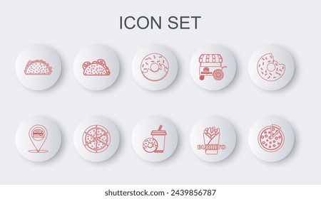 Set line Pizza, Location mit Burger, Donut, Burrito, Taco Tortilla und Soda Drink Donut Icon. Vektor