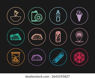 Definir linha Pizza, Localização com hambúrguer, Garrafa de água, Tortilla Taco, Nachos em placa, Burrito e Alumínio pode refrigerante e ícone donut. Vetor