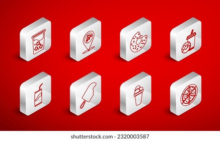 Set line Pizza, Location with slice pizza, Donut, Soda drink donut, Ice cream, Glass water,  and can drinking straw icon. Vector