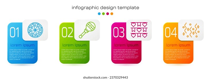 Set line Pizza, Maracas, Carnival garland with flags and Festive confetti. Business infographic template. Vector