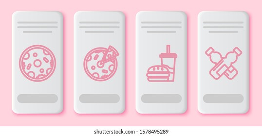 Set line Pizza, Pizza, Paper glass with drinking straw and burger and Crossed bottle of water. White rectangle button. Vector