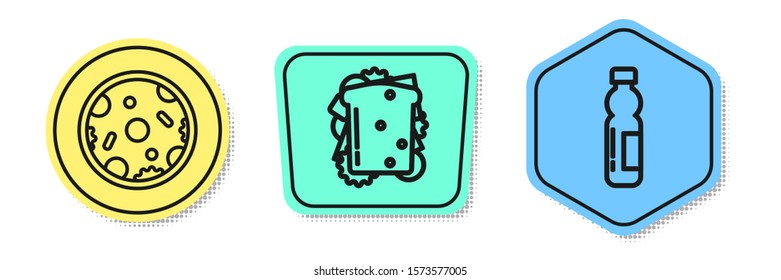 Set line Pizza, Sandwich and Bottle of water. Colored shapes. Vector