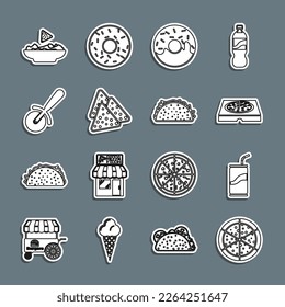 Set line Pizza, Soda can with drinking straw, cardboard box, Donut, Nachos, knife, plate and Taco tortilla icon. Vector