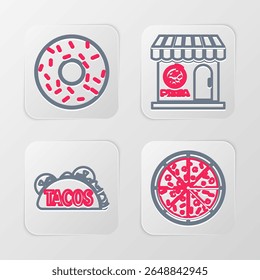 Set line Pizza, Taco with tortilla, Pizzeria building facade and Donut icon. Vector