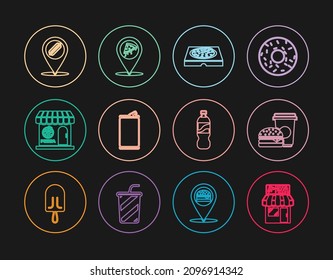 Pizzeria-Fassade, Kaffee- und Hamburger, Pizzakartonkasten, Aluminiumdose, Lage mit Hot Dog, Flaschenwasser und Pizza-Ikone. Vektorgrafik