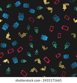 Set line Pizzeria building facade, Ice cream, Soda and hotdog and Aluminum can on seamless pattern. Vector