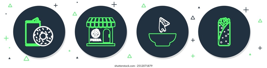 Definir linha Pizzeria fachada de construção, placa Nachos, Alumínio pode refrigerante e donut e ícone Burrito. Vetor