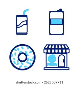 Set line Pizzeria building facade, Donut, Beer can and Soda with drinking straw icon. Vector