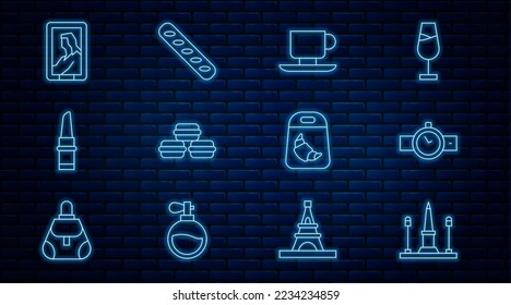 Set line Place De La Concorde, Wrist watch, Coffee cup, Macaron cookie, Lipstick, Portrait in museum, Croissant package and French baguette bread icon. Vector