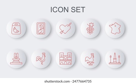 Set line Place De La Concorde, Fountain, Amour with heart and arrow, Rooster weather vane, Croissant package, Portrait museum, French rooster and Notre Dame icon. Vector