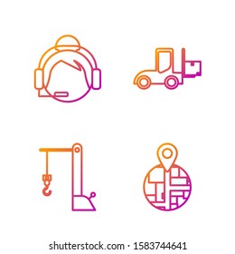 Set line Placeholder on map paper in perspective , Harbor port crane, Support operator in touch and Forklift truck . Gradient color icons. Vector