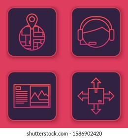 Set line Placeholder on map paper in perspective , Postcard , Support operator in touch and Cardboard box with traffic symbol. Blue square button. Vector