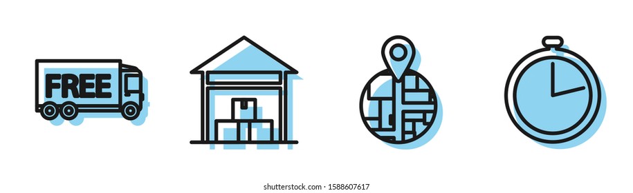 Set line Placeholder on map paper in perspective , Free delivery service , Warehouse  and Stopwatch  icon. Vector