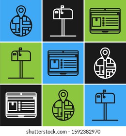 Set line Placeholder on map paper in perspective , Laptop with app delivery tracking  and Open mail box  icon. Vector