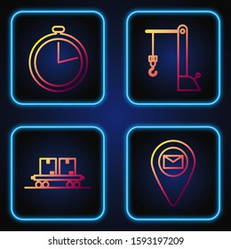 Set line Placeholder on map paper, Railway carriage , Stopwatch  and Harbor port crane. Gradient color icons. Vector